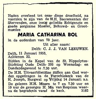 Overlijdensadvertentie uit een krant in 1955.